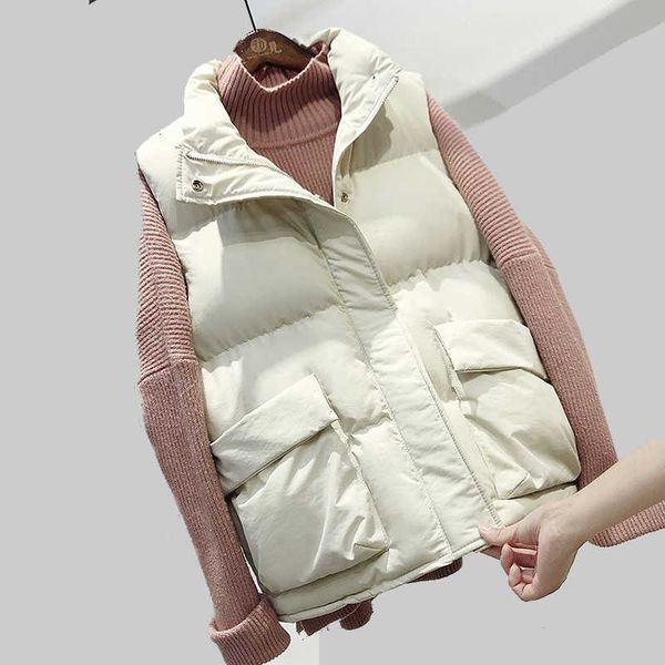 

cotton winter warm vest jacket women sleeveless vests new zipper pocket stand-up collar cotton waistcoat gilet female 201125, Black;white