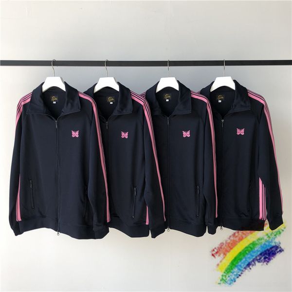 

pink stripe needles awge jackets men women black needles jacket butterfly embroidery awge coats, Blue;black