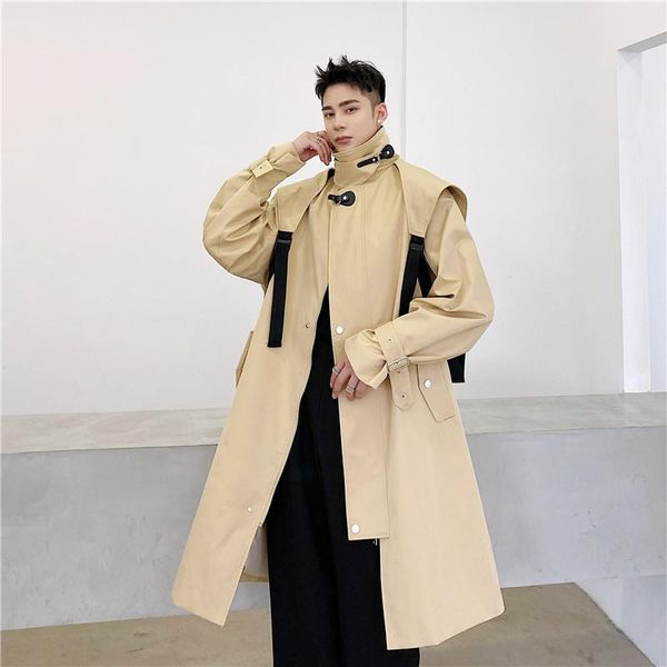 

men's trench coats male japan harajuku streetwear retro punk gothic windbreaker jacket stand collar splice cloak long coat outerwear, Tan;black