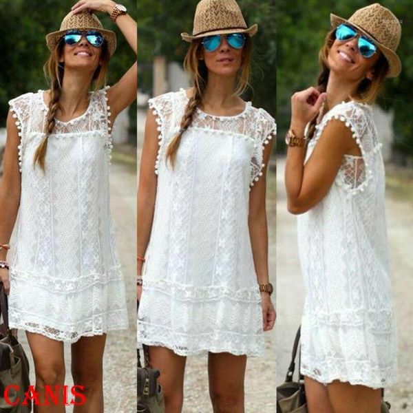 

cover-ups 2021 summer lady mini dress lace flare sleeveless short dresses for women solid white hollow out loose casual beach women1