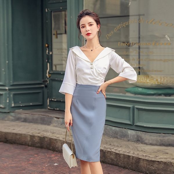 

rs5ju professional ol collar fashion shirtshirt white shirtsuit women's high 2020 autumn korean white shirt new waist skirt two piece s, Gray