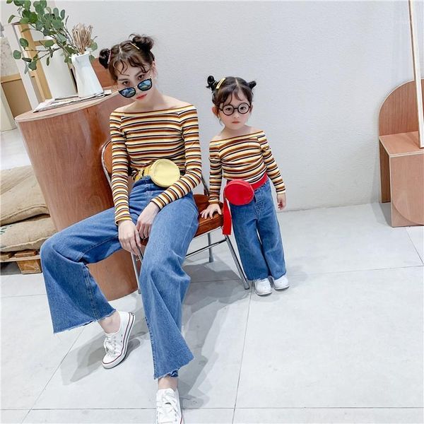 

mommy and me clothing shirts korean fashion striped long sleeve shirt mother daughter matching clothes family matching outfits1, Blue