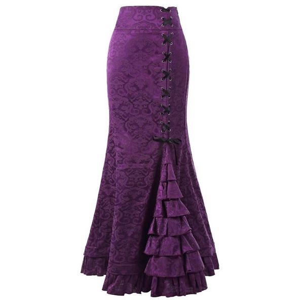 

women punk style retro trumpet skirt vintage long bodycon pencil ruffle fishtail skirt sheath lace-up patchwork irregular, Black