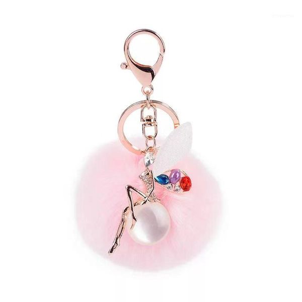 

new colored rhinestone fairy keychain cute plush car key ring hair ball angel bag pendant accessories female charm gift1, Silver