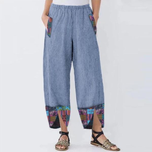 

women's pants & capris 2021 women cotton linen vintage summer elastic waist irregular trousers pantalon casual dandelion print cropped, Black;white