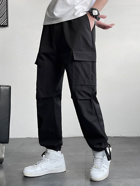 

men utility pocket drawstring hem pants 07af#, Black