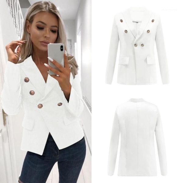 

women solid single button casual suits notched long sleeve v-neck office blazer1, White;black