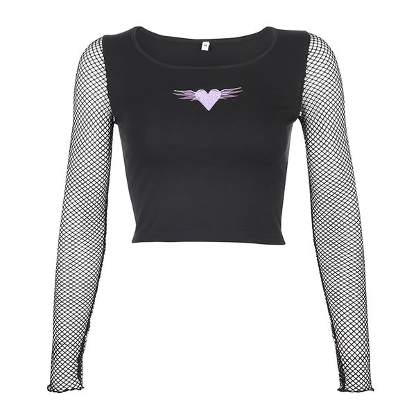 

weekeep women cropped heart shape embroidery t shirt summer mesh sleeve patchwork tee shirt femme crop y200422, White