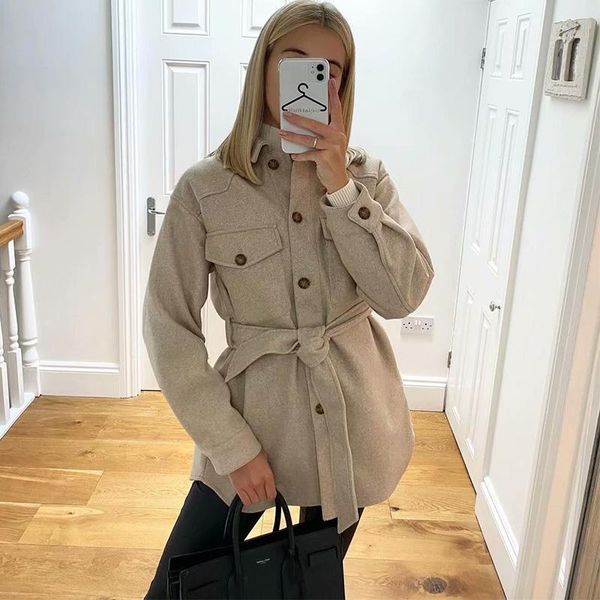 

2020 new autumn winter women tweed coat solid sashes pockets button turn-down collar long sleeve female fashion casual clothes, Black
