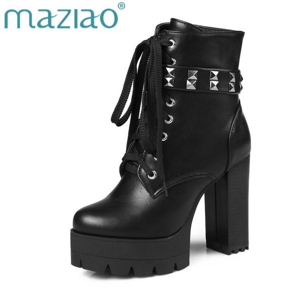 

boots maziao 2021 rivet motorcycle autumn winter ladies shoes thick high heels round toe platform lace up ankle for woman, Black