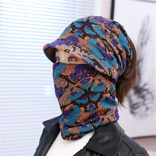 

cycling caps & masks 2pcs/set winter outdoor facemask set windproof hat+scarfs warm creative print women riding hat mask, Black
