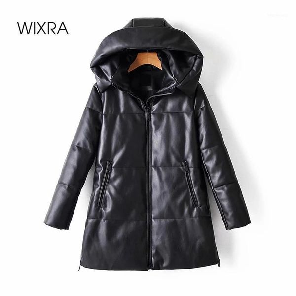 

wixra solid pu leather cotton jacket hooded women's fashion leather long coats ladies waterproof thick jackets female winter1, Black
