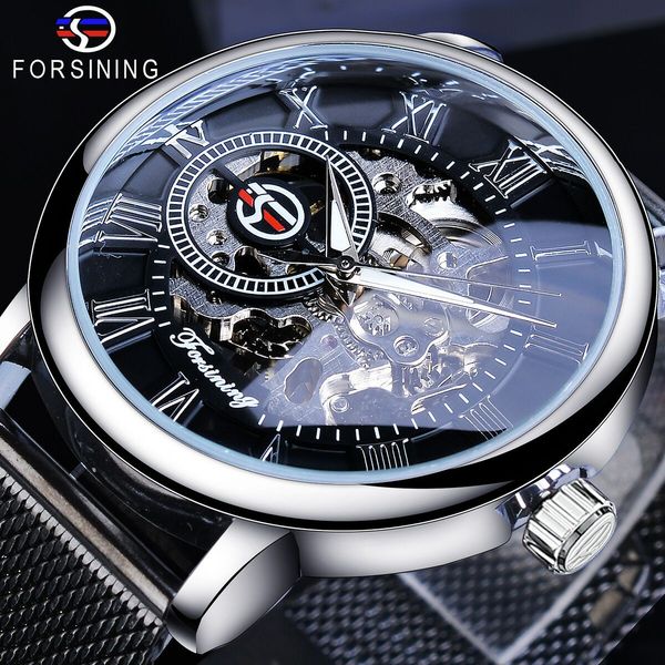 

new forsining fusini foreign trade popular style cross-border manual hollow mechanical watch mens steel belt watch wristwatches, Slivery;brown