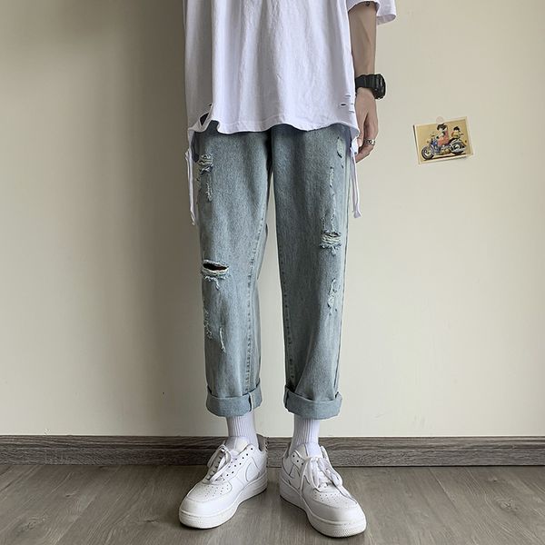 

summer tide ins and jeans straight tube perforated nine point washed jeans male korean youth wide leg casual dad pants bxyqc, Blue