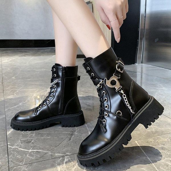 

boots rimocy fashion metal chain chunky motorcycle women punk pu leather black ankle woman winter platform shoes female1