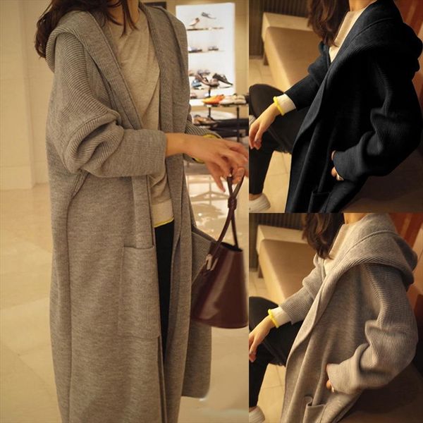 

autumn women solid color cardigan long sleeve big pocket hooded tunic outwear drop shipping high quality, White;black