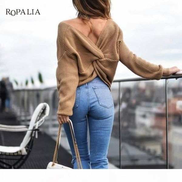 

2018 new 7 colors v neck twisted back sweater women jumpers pullovers casual long sleeve knitted sweaters pull femme d1892001, White;black