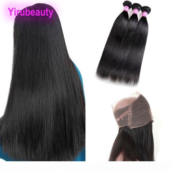 

peruvian 3 bundles with 360 lace frontal straight hair silky bundles with human hair wefts with closure, Black;brown