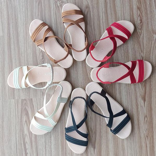 

fashion summer women sandals sandalias mujer 2020 strappy solid color elastic strap woman shoes beach casual women soft flats, Black