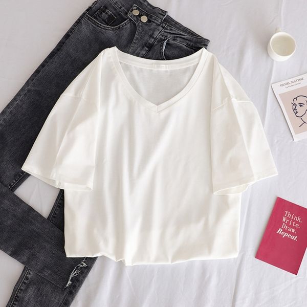 

iw7qp sleeve t-shirt and white trend 2020 summer new dress dressdresscollarbone v-neck looks thin short slimsolid color women's
