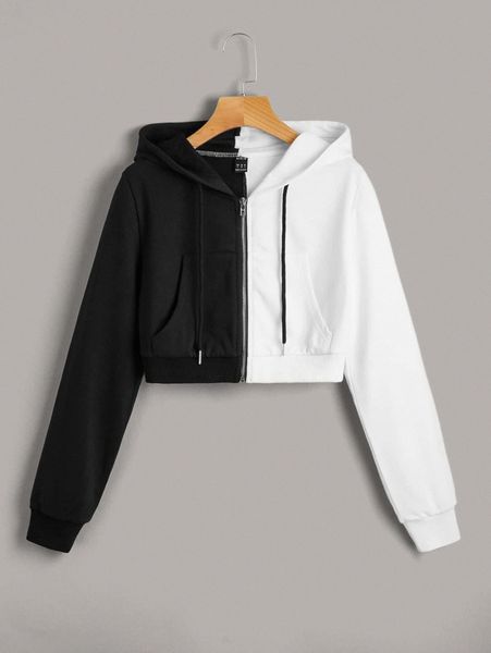 

two tone zip up hooded sweatshirt b6au#, White;black