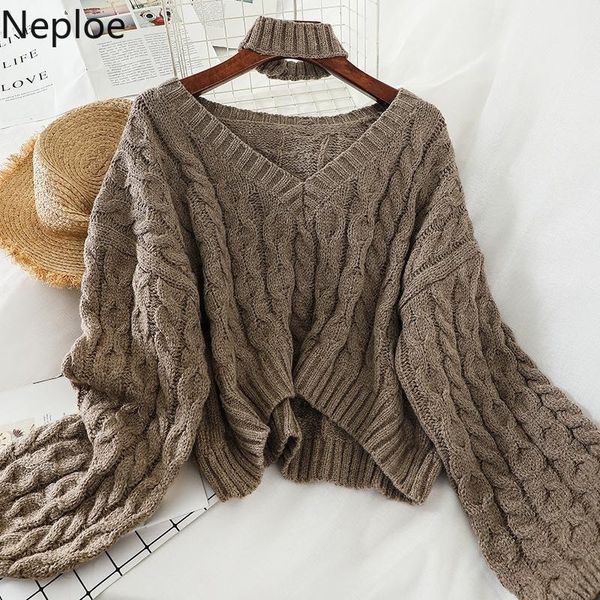 

neploe winter twisted pullover sweaters female knit pullover long sleeve v neck crop sweater korean solid pull femme 201030, White