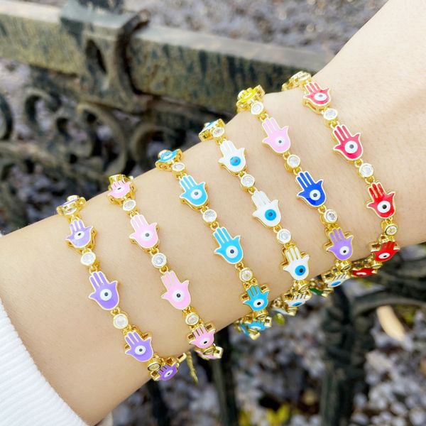 

bohemian style enameled fatima hand evil eye charm bracelet gold plated copper jewelry for women gift, Golden;silver