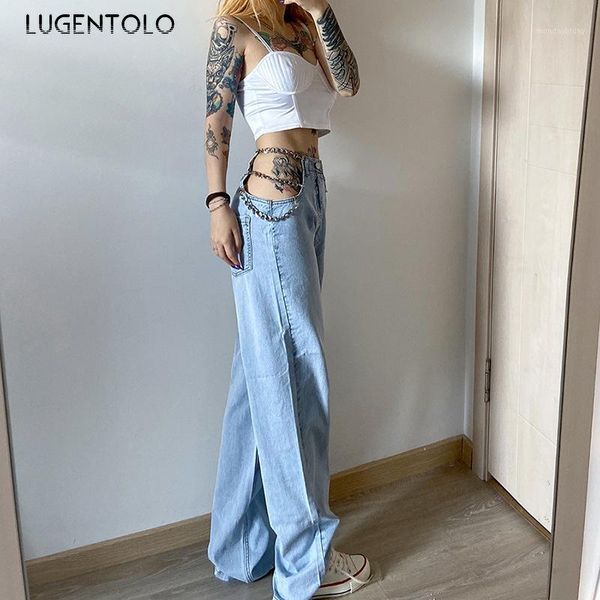 

lugentolo women summer jeans loose high waist slim new lady chain wide leg straight casual pants fashion street jeans1, Blue
