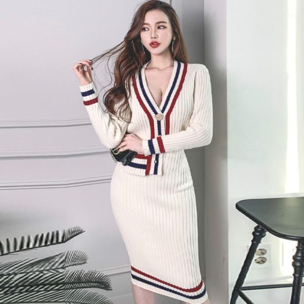 

2020 korea color patchwork v-neck single breasted cardigan midi bodycon skirt knitted sweater suits casual dresses1, Gray