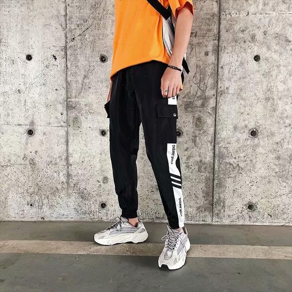 

mens splicing pants pocket loose men cool hiphop new fashion joggers pants trousers men streetwear drop shipping, Black