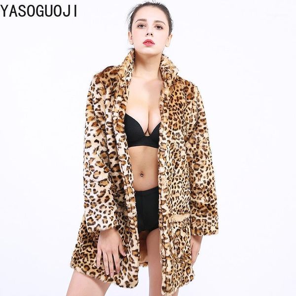 

yasuguoji 2018 new winter warm leopard coat women fashion leopard print overcoat turn-down collar faux fur womens jacket lpc181, Black