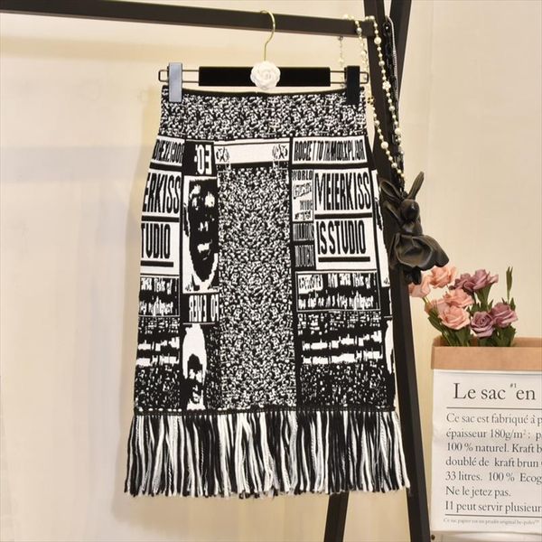 

womens skirt cartoon tassel knit embroidery autumn letters knit thick pencil skirts japan woman faldas female ls150, Black