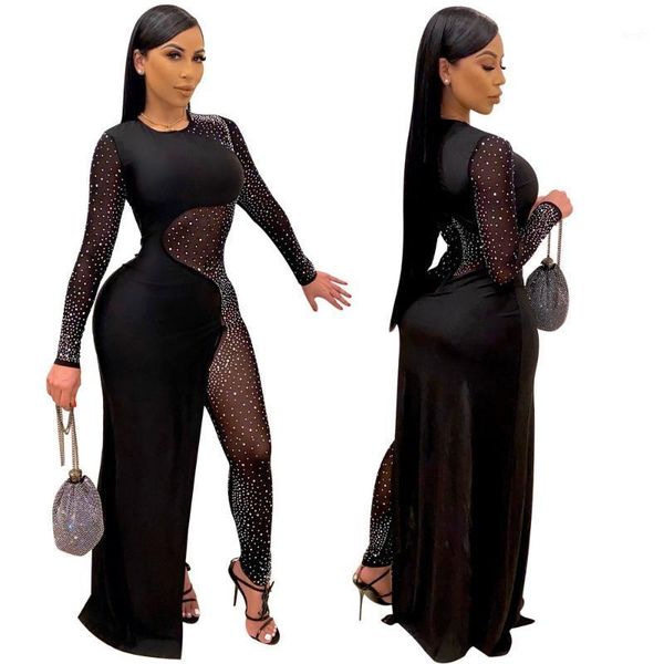 

patchwork see-through club dress long sleeve bodycon jumpsuit with rhinestones club partywear one piece overall rompers1, Gray