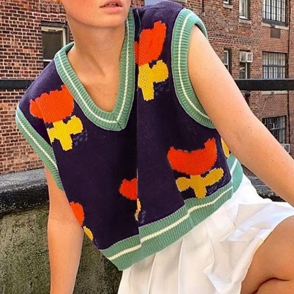 

puimentiua floral print cute knitted vest women preppy style trending y2k clothes patchwork striped sweater vest female knitwear1, Black;white