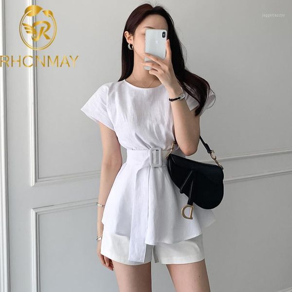

two piece dress office laies summer 2 set women ruffles o neck fashion pant suits +high waist siml shorts set1, White