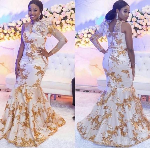 

2021 arabic mermaid evening dresses one shoulder long sleeves floor length gold lace applique sequins beaded prom gown vestido de noche, Black;red