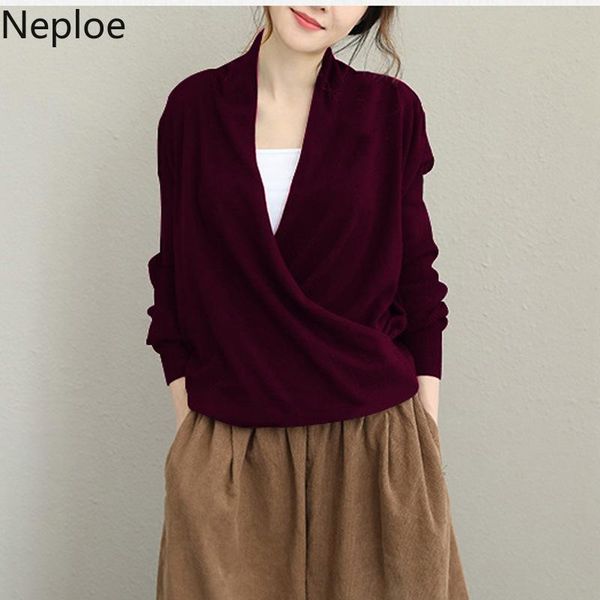 

neploe winter clothes women v-neck long sleeve solid color pullovers loose temperament knitted sweaters coat pull femme 4g575, White;black