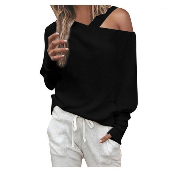 

2020 women fashion long sleeve t-shirts plus size solid cold shoulder tee casual loose ladies elegant work clothes #t1g1, White