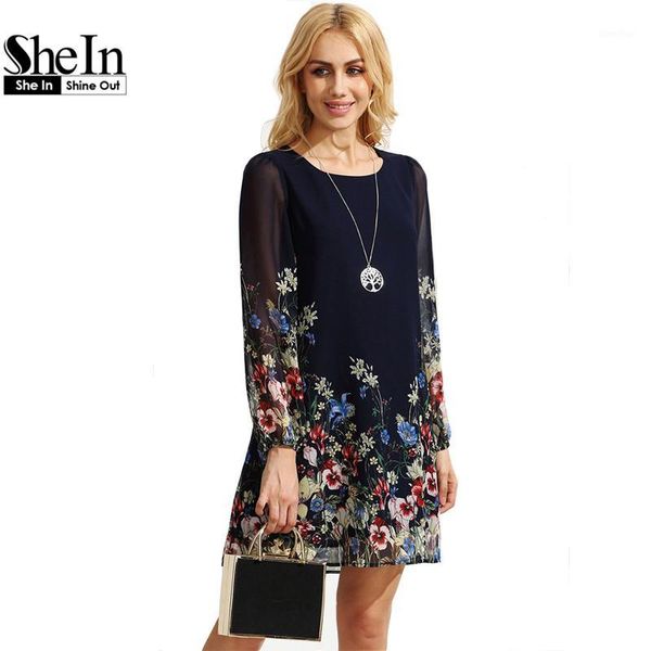 

wholesale- shein casual short autumn dresses for women multicolor round neck long sleeve floral print straight chiffon dress1, White;black
