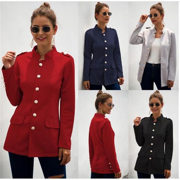

2021 spring fashion women stand collar single-breasted pocket long sleeve small suits elegant casual slim pure color blazers, White;black