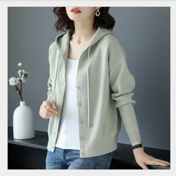 

women's polos knitted spring and autumn 2021 early february august short outer casual loose hooded sweater jac, White