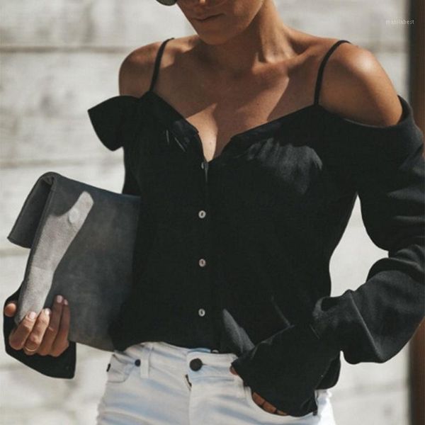 

women 2020 off shoulder blouse women one-shoulder v-neck long-sleeved solid color sling shirt plus size summer, White