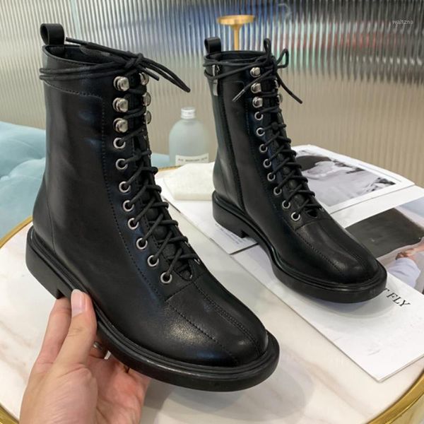 

brand winter boots women solid leather boots cross-tied&zipper high snow shoes lady thick sole motorcycle botas warm plush1, Black