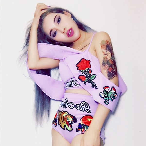 

jazz costumes purple embellished off shoulder shorts women clubÂ singer rave clothes pole dance performance wear, Black;red