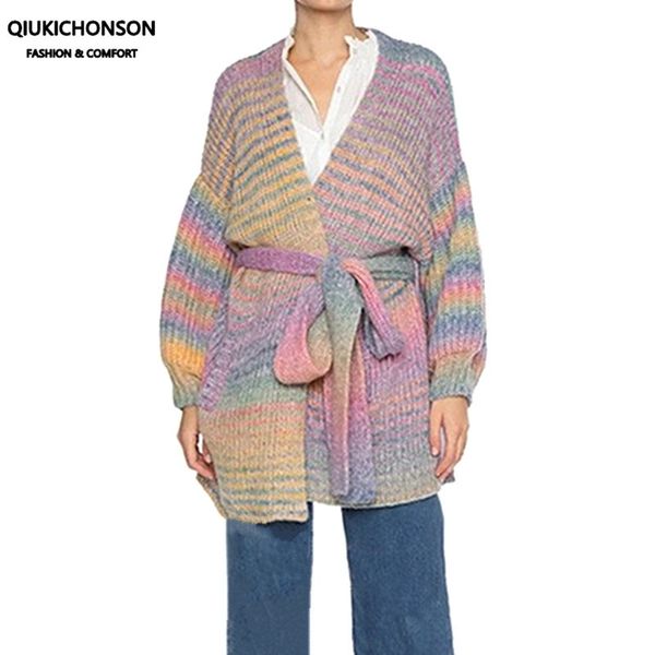 

qiukichonson vintage gradient rainbow striped cardigan knit women lantern sleeve tunic belted cardigan coat gardigan pull femme y200915, White;black