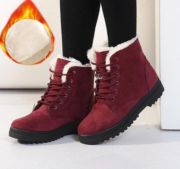 

winter women suede leather cotton shoes ladies lace up plush keep warm thicken ankle botas snow boots plus size 35-44, Black
