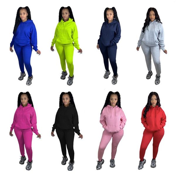 

women clothes thick winter long sleeve hooded sweatshirts sweater pants tracksuit trendy two piece outfits solid sportswear suit e101504, White