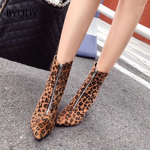 

boots byqdy autumn winter fashion leopard high heels ankle pumps pointed toe wild female zipper animal print1, Black