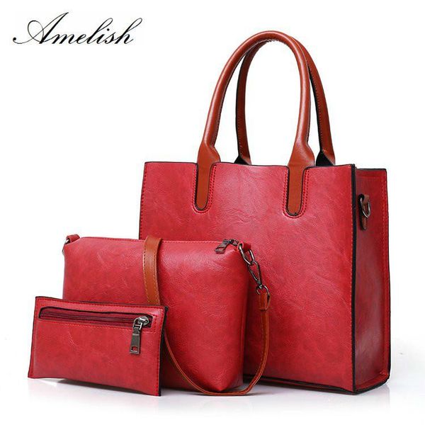 

3 pcs set fashion oil wax leather women bag shoulder handbag female wallet purse clutch bolsa feminina