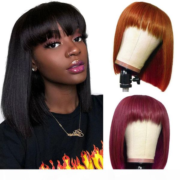 

brazilian ombre colored short bob wigs straight human hair wigs with bangs 4# 30# t1b 27 peruvian none lace wigs 99j orange ginger, Black;brown